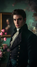 Regency gentleman in teal frock coat amid floral portraiture.