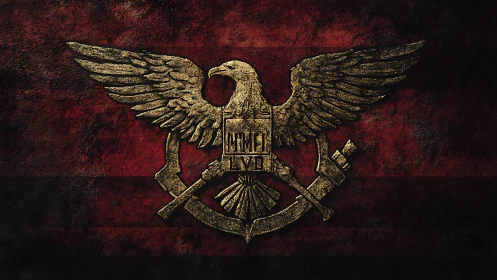 Golden imperial eagle emblem over distressed red field.