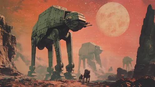 Colossal walkers crossing red alien canyon under full moon.