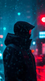 Hooded urban silhouette in neon blue red atmospheric snowfall.