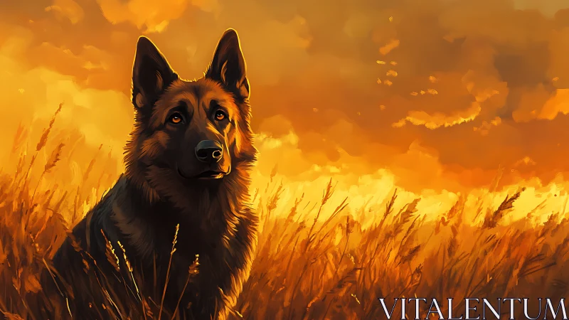 German shepherd watches sunset in glowing wheat field.