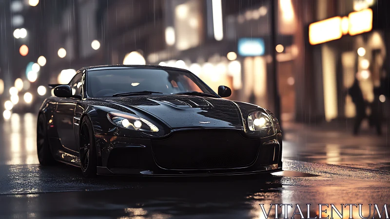 Black sports car on wet city street at night in rain.