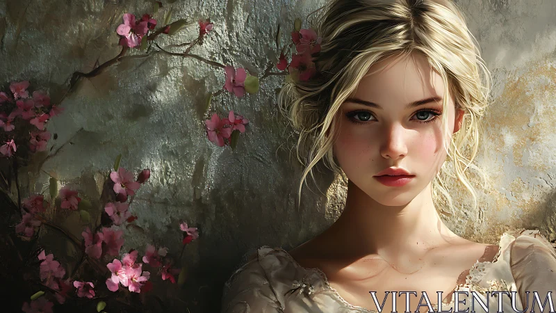 Blonde young woman beside pink blossoms on textured wall.
