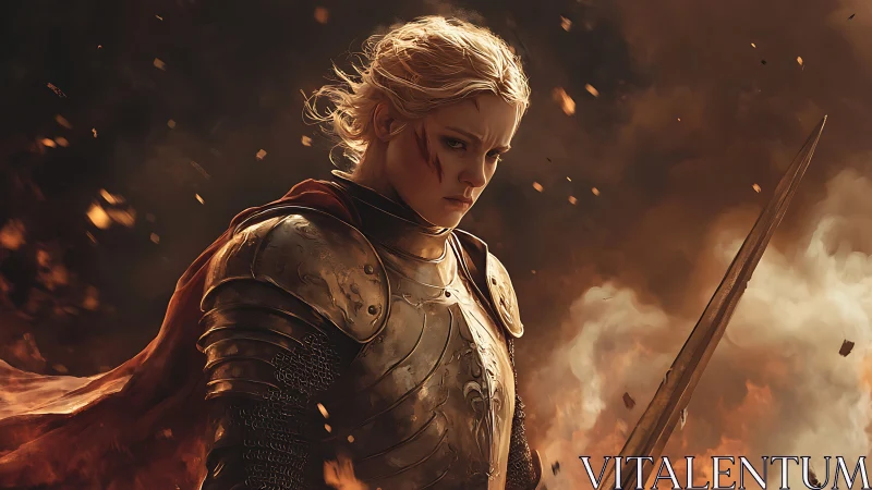 Armored warrior stands amid smoke and airborne embers