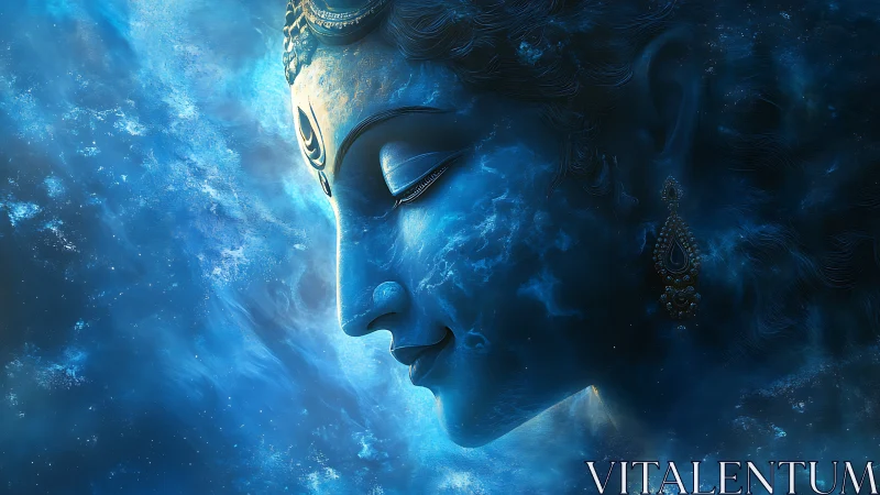 Divine blue cosmic face emerges in swirling celestial mist.