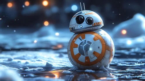 Spherical robot stands on icy ground under cool bokeh lights