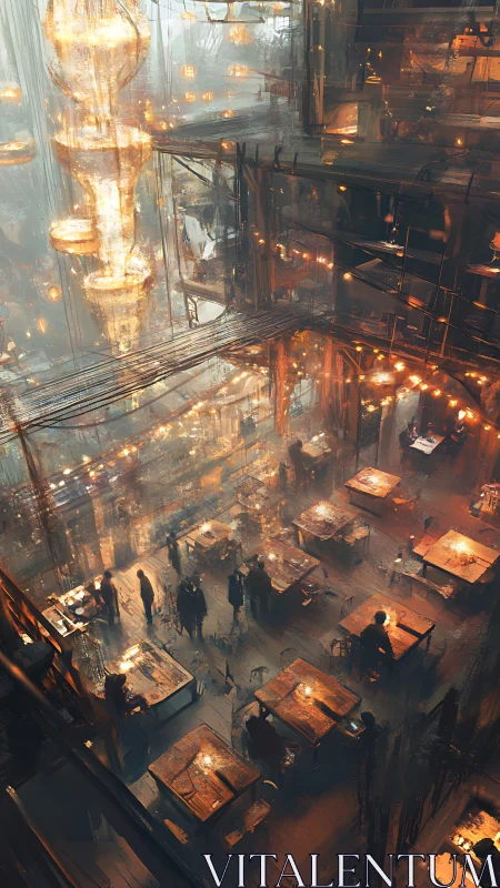 Futuristic industrial hall with warm lit dining tables.