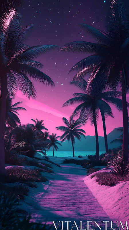 Neon Tropical Beach Scene with Palm Trees and Starlit Sky