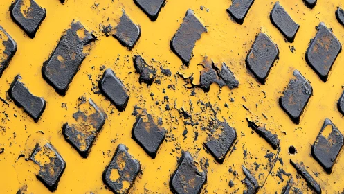 Worn industrial yellow metal surface with diamond plate texture.