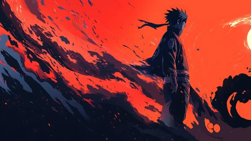 Side-view anime figure stands amid abstract red energy field