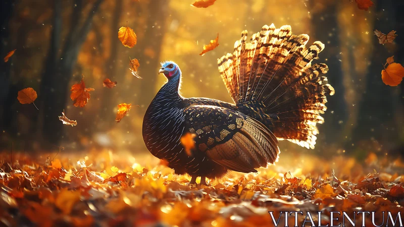Turkey bird standing in autumn forest with falling leaves.