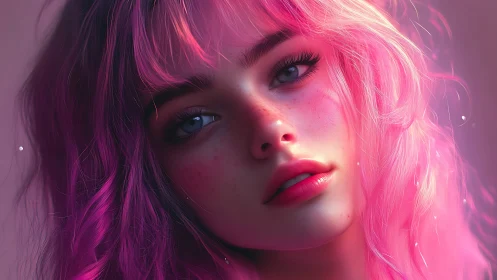 Pink haired girl portrait with soft light and blue eyes.