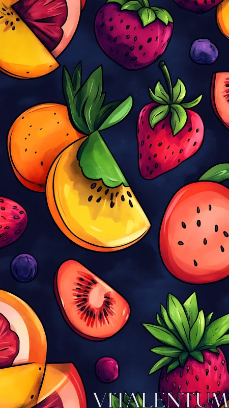 Midnight fruit carnival dancing across inky velvet skies.