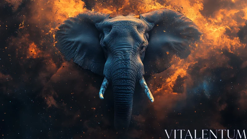 Elephant rendered against abstract fiery smoke backdrop.