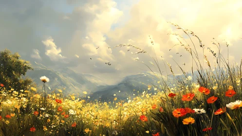 Golden wildflower meadow stretches softly toward distant hills