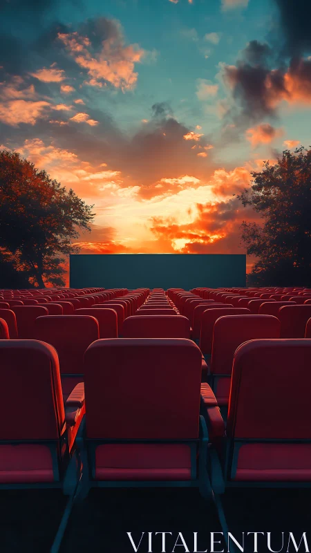 Sunset outdoor cinema seats glow under vivid sky.