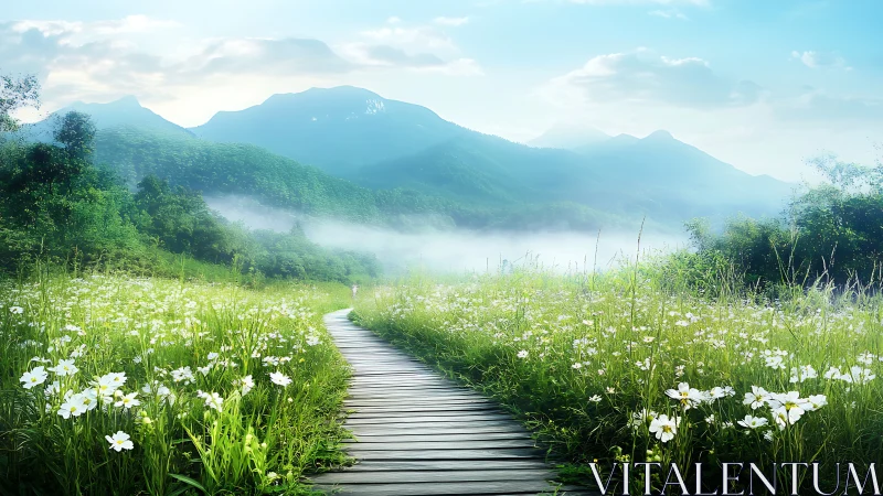Elevated timber boardwalk through misted alpine wildflower meadow.
