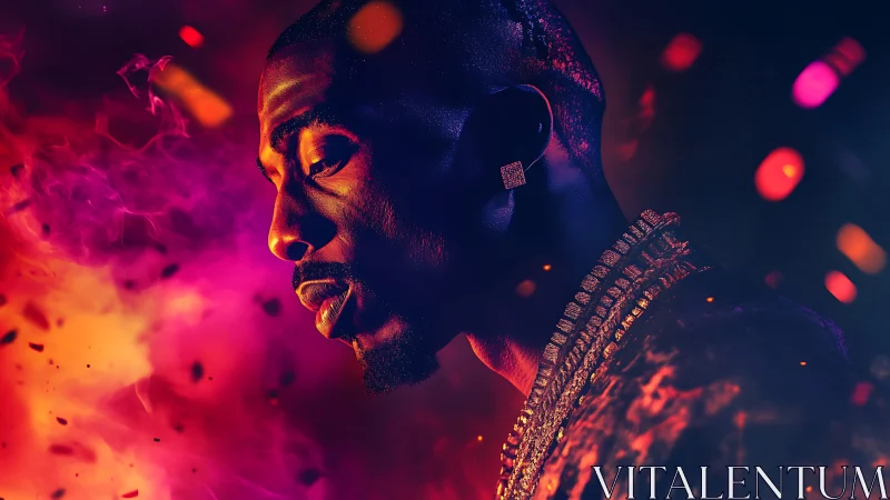 Neon-lit hip-hop portrait isolates profile in vivid bicolor glow