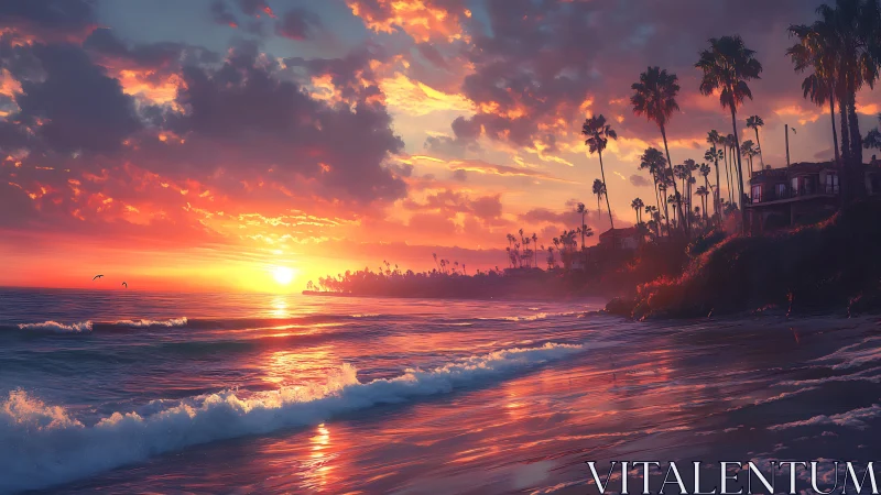 Sunlit waves roll toward a glowing palm-lined coastline