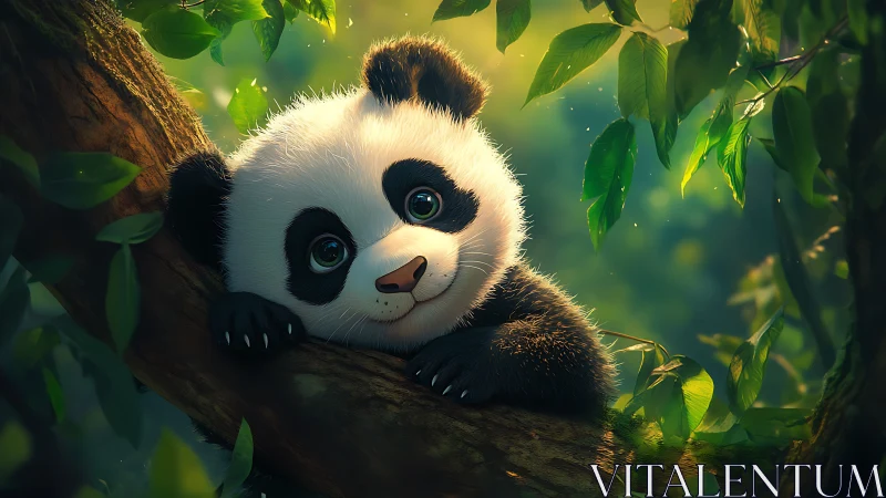 Dreamy baby panda resting in a sunlit leafy hideaway.