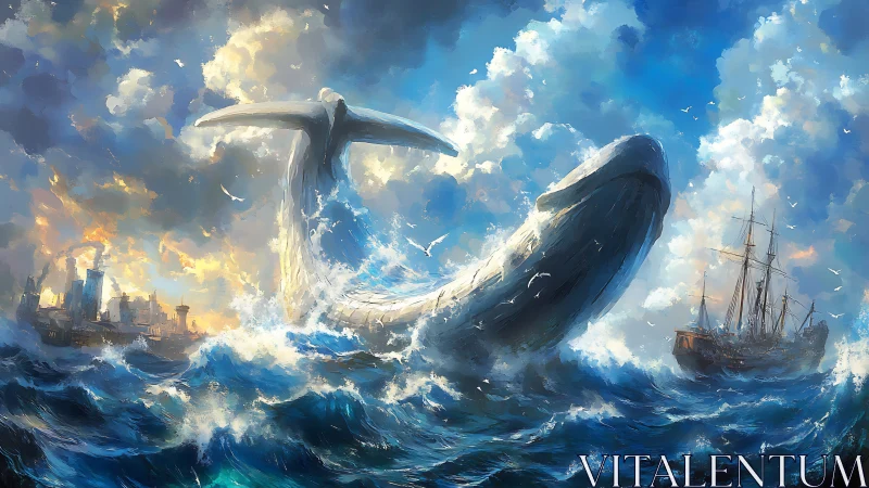 Colossal white whale breaching between ships at sea.