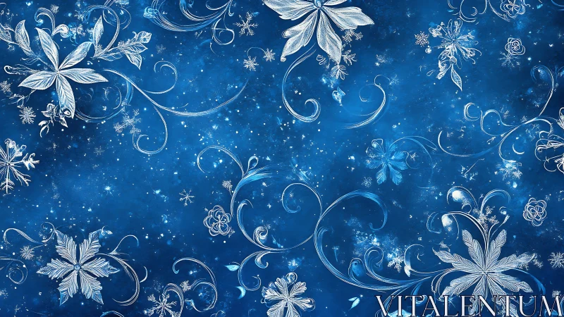 Frosted floral swirls on deep blue winter background.