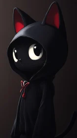 Anthropomorphic black cat in hooded garment stands upright