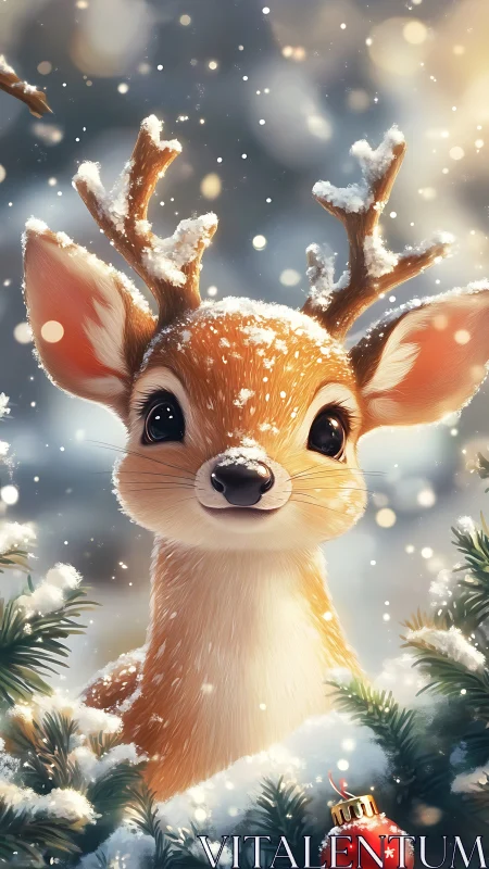 Snow-kissed baby reindeer glows in soft winter bokeh.