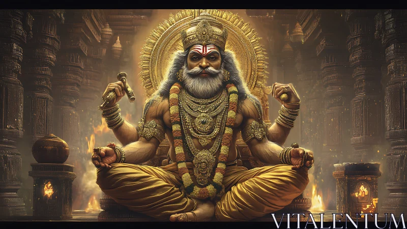 Majestic golden deity in ornate temple with sacred flames.