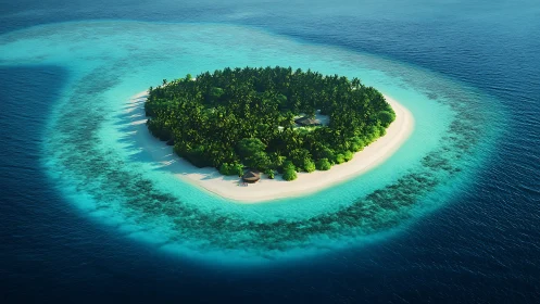 Tropical Island Atoll Surrounded by Turquoise Waters.