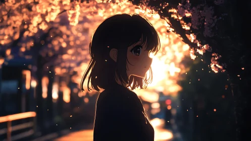 Backlit anime girl under glowing cherry blossoms at dusk