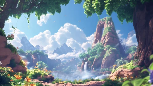 Sunlit valley with misty waterfalls and towering red cliffs.