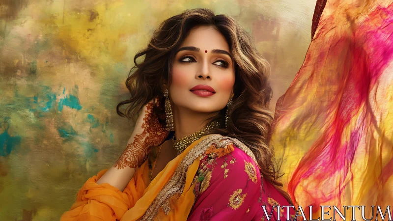 Digital painting portrait in vibrant traditional silk drapery.