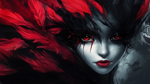 Crimson raven-eyed siren wrapped in storm-bred feathers.