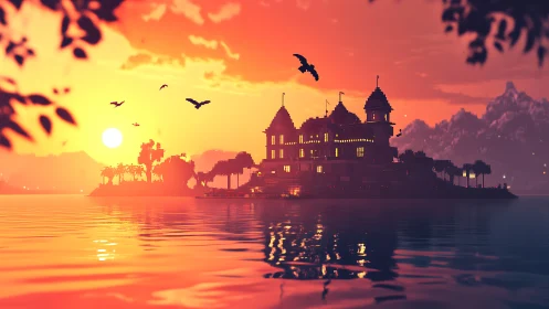 Pixel dusk kingdom glows softly across mirrored waters