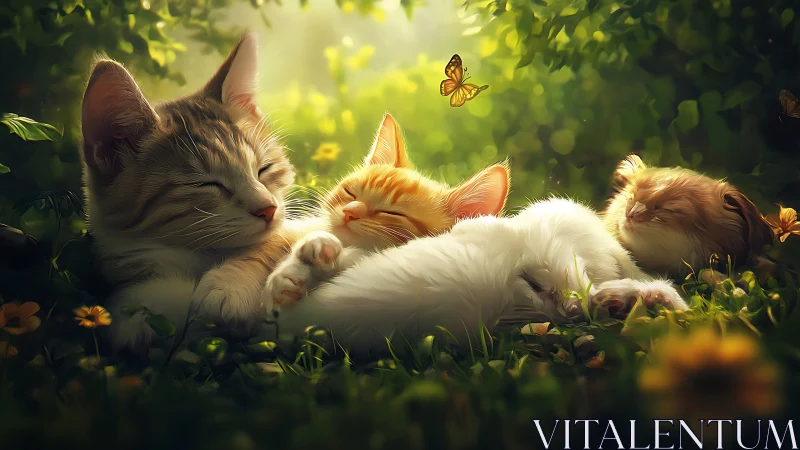 Digital illustration of three felines in garden environment with insect subjects.