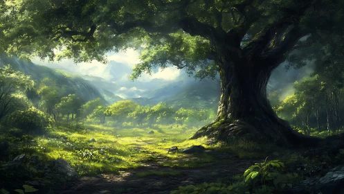 Ancient Tree in Mountainous Forest Valley.