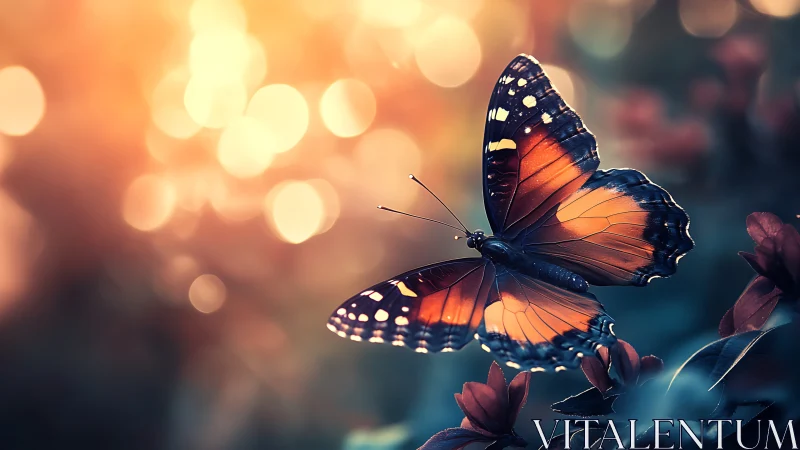 Orange butterfly on flowers with blurred golden lights.