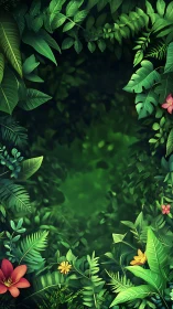 Lush Tropical Foliage Frame with Blooming Wildflowers.