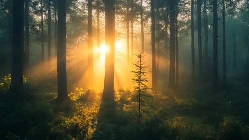 Sunlight Dancing Through Ancient Forest.