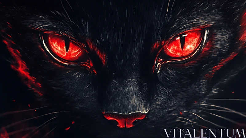 Close frontal rendering shows black feline face with red eyes