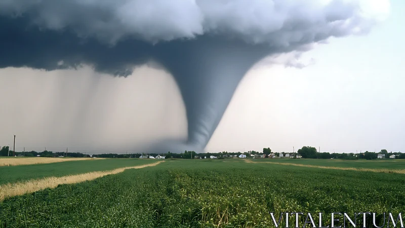 Powerful tornado swirling above quiet green farmland.