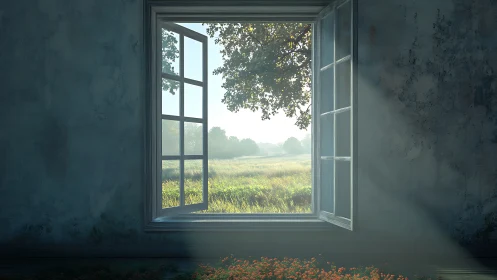 Open casement window framing sunlit meadow at daybreak
