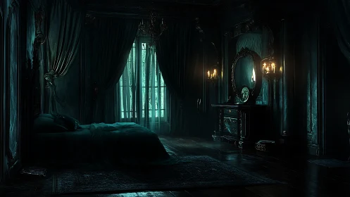 Dark Victorian bedroom interior shows dim candle lighting