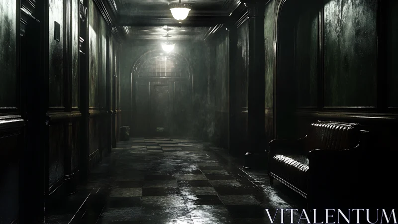 Gloomy vintage corridor with wet tiles and stark lighting.