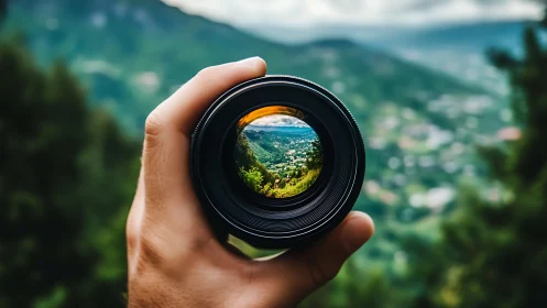 Hand-held camera lens isolates sharp valley scene with deep bokeh