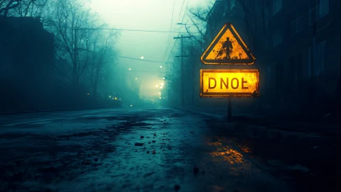 Foggy night street with glowing distorted warning sign.