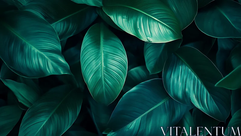 Emerald hush of tropical leaves in quietly glowing layers.