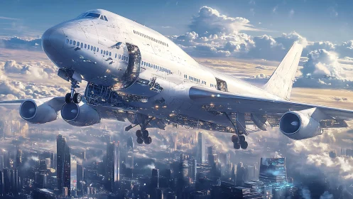 Widebody airliner over neo-futurist megacity, systems exposed.