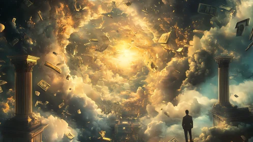 Man between columns observing money storm in clouds.